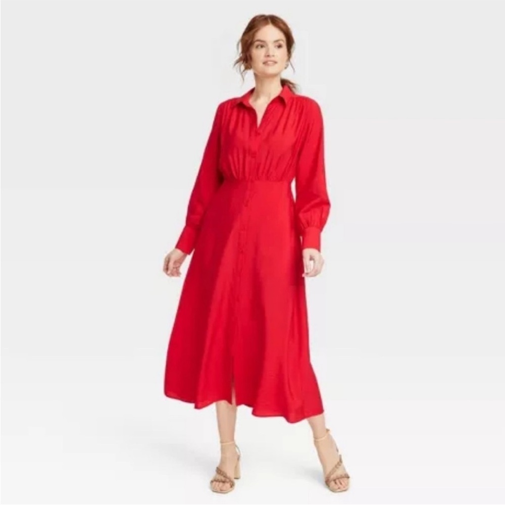 Red Long Sleeve Collared Midi Crepe Shirtdress Small A New Day Vibrant Red